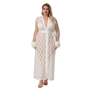 Lujosa Túnica de Satén Térmico para Dormir, Sexy, para Mujer, Tallas Grandes, con Encaje, Ajuste Regular, Camisón, Ropa de Estar por Casa, Bordada - Product Image 5