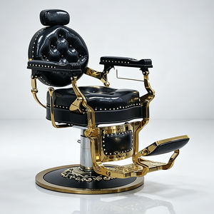 Fauteuil de Barbier Luxe Vintage avec Cadre Doré, Rivets Capitonnés, Hydraulique Inclinable et <span class=keywords><strong>Repose</strong></span>-Pieds Ajustable pour Salon de Coiffure - Product Image 3