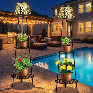 Lampe solaire d'extérieur TSINYE avec support <span class=keywords><strong>pour</strong></span> plantes, lampes de jardin en fer imperméables avec 2 étagères, décorations d'extérieur IP44 - Product Image 6