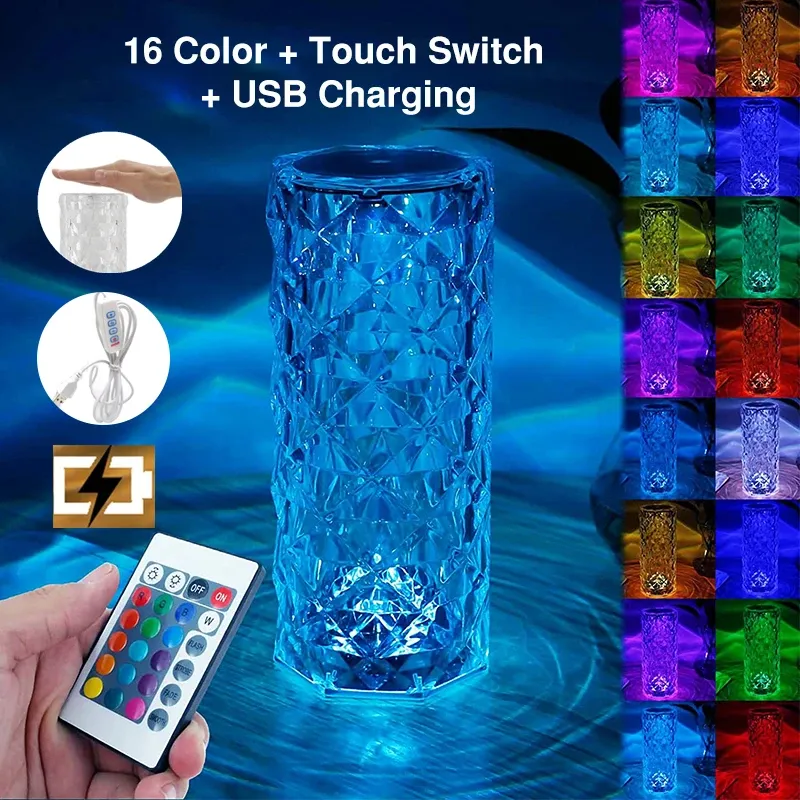 Crystal Table Lamp for Bedroom 16 Colors Touch/Remote Night Light USB LED Bedside Rose Lamp