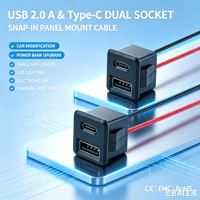 Connecteur double USB-A et Type-C à montage sur panneau LN-017, prise femelle USB 2.0 avec fils d'alimentation rouge et noir pour la charge d'équipements automobiles