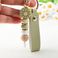 En gros, Porte-clés personnalisé en PU motif petite marguerite, avec cordon de perles en silicone, pendentif de sac, breloque de sac, bracelet, anneau porte-clés