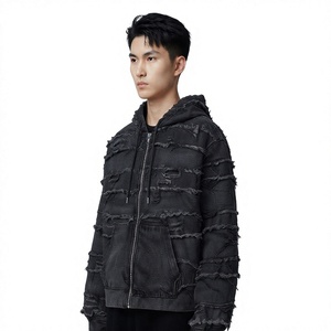Men's Oversized Hooded Denim <b>Jacket</b> Front Logo <b>Fringe</b> Washed Streetwear Regular Sleeve Solid Color Winter Fit - Product Image 5