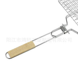 HONGXUAN Foldable <b>Bbq</b> Grill Net Clip 54.5x32.5x3cm Thickened Wooden Handle Single Handle Portable Fish Grill <b>Tool</b> - Product Image 2
