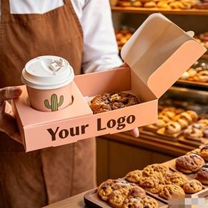 Emballage de café tout-en-un : Boîte à pâtisserie personnalisée avec logo ou gobelets en papier avec support à café intégré pour pâtisseries et boissons - Product Image 1