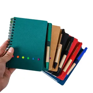 Eco Friendly Kraft cover coil note book custom logo mini notebook memo sticky paper notepad with pen school supplies