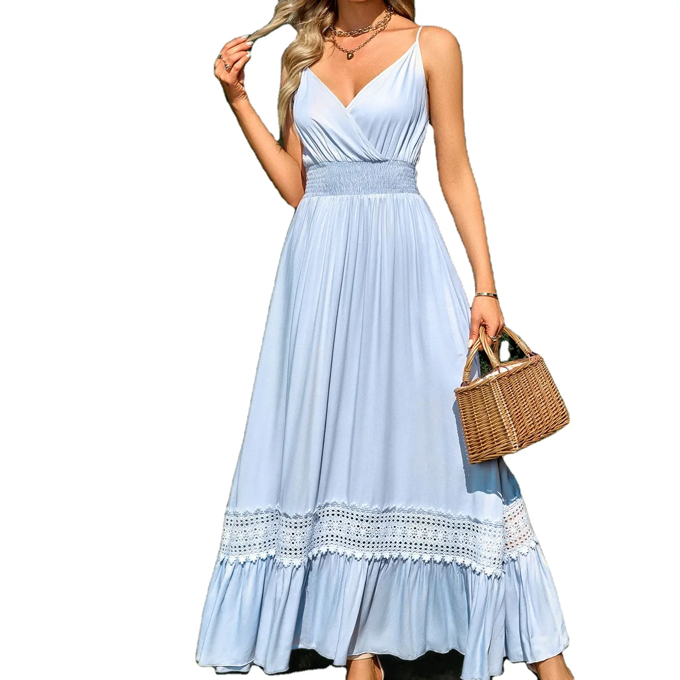 Hot-Sale In Stock Summer Woman Sexy V-Neck Spaghetti Strap Backless Solid Dress For Dating Shopping Casual Long Sling Dress