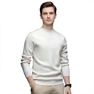 Suéter de Punto para Hombre, Cuello Redondo, Color Blanco Sólido, 100% Algodón, Manga Larga, Casual, Invierno, Corte Regular, Cuello Acanalado - Product Image 1