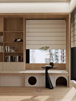 Étagère ouverte multifonctionnelle minimaliste en chêne avec rangement, sièges rembourrés sur mesure et niche pour animaux – Idéale pour le bureau à domicile