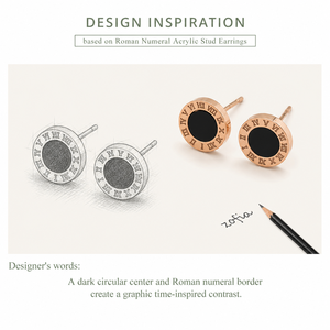Boucles d'oreilles clous en acrylique chiffres romains, acier inoxydable plaqué or 14K sous vide, or rose, clous ronds noirs - Product Image 2