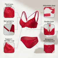 Ensemble de lingerie féminine en dentelle élastique avec soutien-gorge et culotte sculptante ornée de perles et de strass floraux
