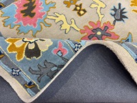 Tapis en laine tufté à la main, antistatique, écologique, insonorisant, adapté aux animaux domestiques, à poils moyens, bleu beige, motif floral sur le bord