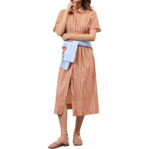 Vestido Camisero a Rayas con Botones Delanteros para Mujer, Manga Corta, Cuello Casual, Maxi, Naranja, Tejido Transpirable, para Uso Diario - Product Image 1
