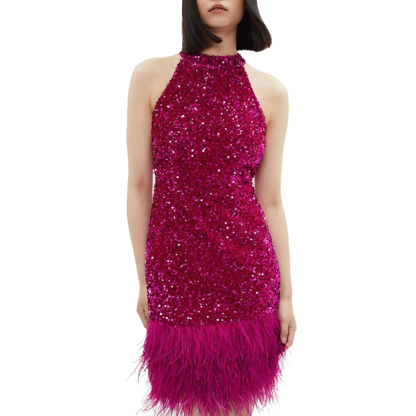 sequin velvet mini dress with feather hem custom evening ladies pink backless big bow dresses