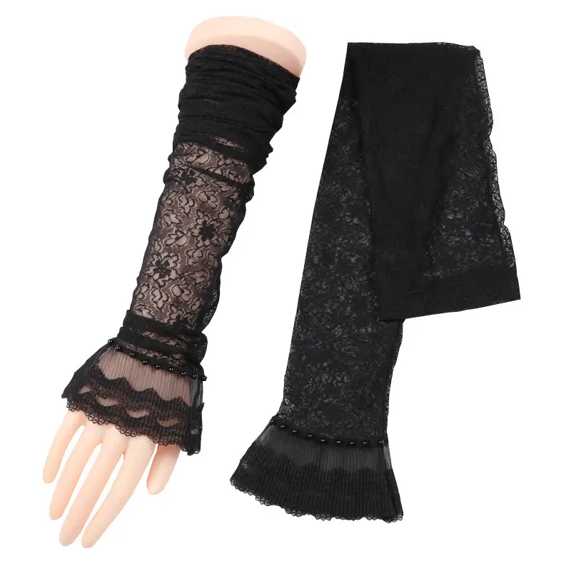 Sweet Bride Thin Lace Fabric Sunscreen UV Protection Breathable Long Lace cuff Arm Sleeve with Pearl