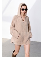 100% Reiner Kaschmir Lässiger Oversize-Hoodie Tunika für Damen Tiefer V-Ausschnitt Känguru-Tasche Fallende Schulter Weite Ärmel Flauschiger Strick Warm