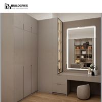 Dressing moderne autoportant en bois avec vitrine en verre, éclairage LED et panneau anti-humidité pour la rénovation de la maison