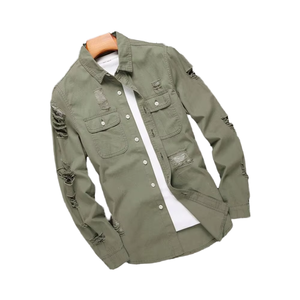 Veste en jean décontractée pour homme, vert armée, style cargo, déchirée, manches longues, poches poitrine, 100% coton, col rabattu - Product Image 1