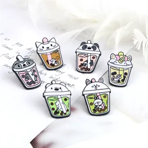 Wholesale Custom Cute Bubble Tea Enamel Pins Cartoon Milk Tea Brooch With Animals Panda Cats Unicorn Badge