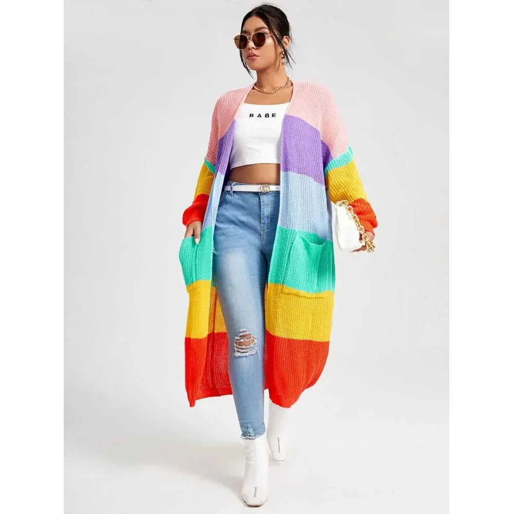 Cardigan rayé coloré à manches longues pour femmes,, Logo personnalisé, manches longues, ouvert sur le devant, pull-over