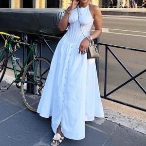 Robe longue élégante pour femmes africaines J254, tendance, blanche, cintrée à la taille, boutonnée sur le devant, mi-longue, décontractée, style <span class=keywords><strong>A</strong></span>-line, robe maxi pour femmes - Product Image 1