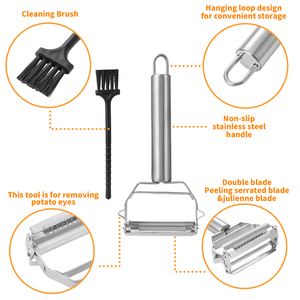 2 PCS Stainless Steel <strong>Peeler</strong> and Cleaning Brush Set 3 in 1 Double Blades Cutter Fruit Cucumber Vegetable <strong>Julienne</strong> Cutter Slicer - Product Image 2