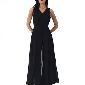 Mono de punto de lana para mujer, casual, de cintura alta, cuello en V, manga larga, largo completo, color negro liso, elegante, ajuste holgado, para otoño, cóctel - Product Image 3