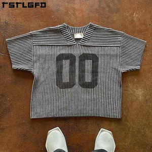 T-shirts pour hommes personnalisés imprimés texturés, coupe oversize et carrée, en coton délavé à l'acide, tricoté côtelé, style jersey court - Product Image 3