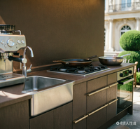 Cuisine extérieure modulaire en acier inoxydable avec armoires en bois, évier, robinet, design moderne en acrylique, installation facile, résistant aux intempéries