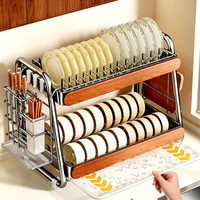 Étagère à vaisselle portable en acier inoxydable de style rétro, nouvelle conception chinoise, non pliable, à double niveau, avec panneaux latéraux en chêne pour le rangement des couteaux/baguettes