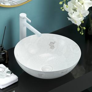 อ่างเซรามิกทรงกลมสำหรับห้องน้ำสีมันวาวอ่างล้างมือด้านบนพร้อมลายดอกบัว - Product Image 4