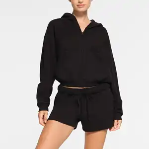 Lady Spring Autumn Knitted Suit Hoodie Zipper Crop