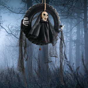 DAMAI Halloween LED Haunters Animated Hanging Moving Skeleton Head Death Reaper in Tire Swing Prop Decoration Decor - Product Image 4