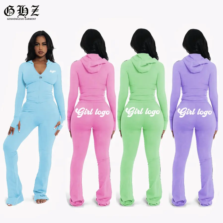 Manufacturers Custom Tracksuits Workout Sets Women Zipper Up Hoodie Jacket Flare Pants Leggings 2 Piece Set Tracksuits for Women