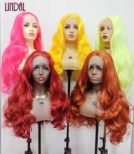 Parrucca sintetica lunga giallo rame rosso resistente al calore con onda del corpo in pizzo anteriore ondulato parrucca libera per capelli naturali alla moda senza colla - Product Image 1
