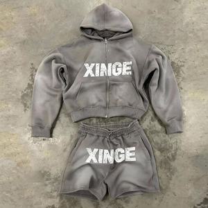 Ensemble short et sweat à capuche zippé surdimensionné délavé à l'acide, imprimé sérigraphié, effet soleil éclairé, survêtement deux pièces pour homme - Product Image 3