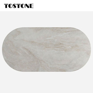 Tostone Mesa de comedor ovalada de cuarcita natural Taj Mahal sólida y gruesa con base de piedra resistente, resistente a los arañazos para la familia - Product Image 3
