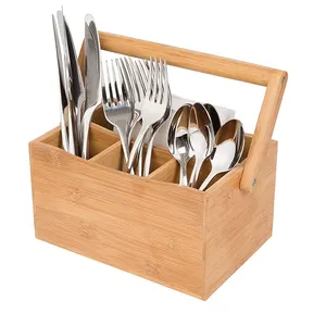 Wholesale Mulip-pose Eco-friendly Bamboo Kitchen Silverware Organizer Utensils Holder with Handle for Countertop or Pantry