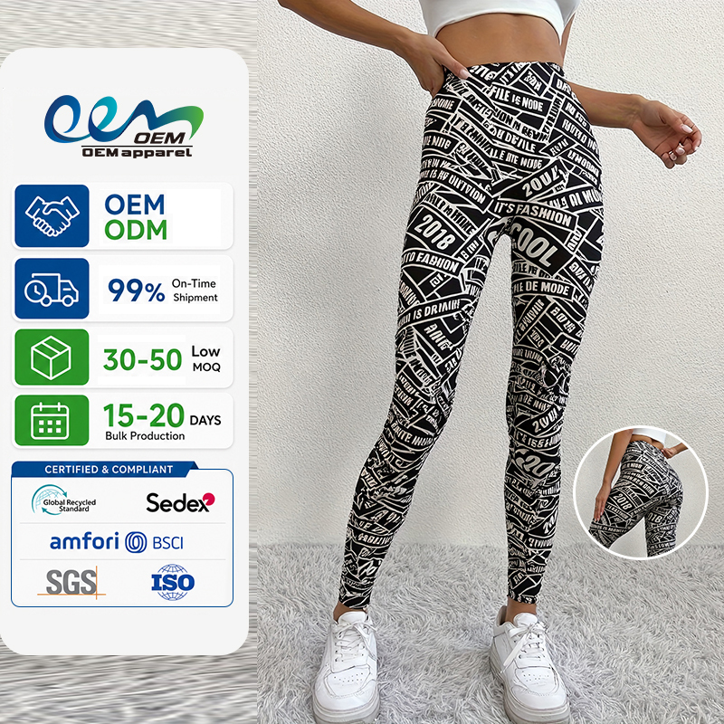 OEM ODM Custom Activewear Manufacturer Typography Digitally Printed AOP Fitness Apparel Women's Workout Yoga Leggings