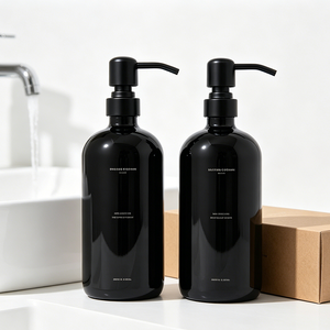 Distributeur de savon en verre ambré épais de 16 oz, forme <span class=keywords><strong>Boston</strong></span>, avec pompe en acier inoxydable noir mat - Product Image 3
