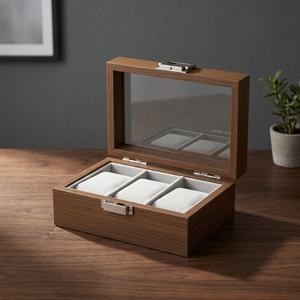 Boîte de présentation de montres OUKE vintage multi-emplacements marron brillant avec construction en MDF durable et intérieur en bois anti-poussière - Product Image 3