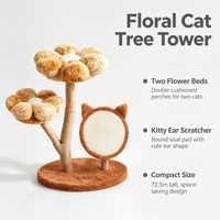 BloomAutumn Modern Luxury 72.5cm Caramel Floral Cat Tree Double Flower Perches Cat-Ear Sisal Scratch Board Curved Wood Trunk.