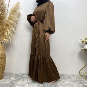 6531# Solid Color Elastic Cuff Pleated Bottoms Thin Satin Casual Elegant With Pockets <b>Summer</b> Women Popular Dress - Product Image 3