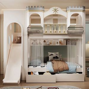 Lit superposé en bois pour enfants, design <span class=keywords><strong>château</strong></span> <span class=keywords><strong>de</strong></span> luxe européen, avec rangement, lit superposé double avec toboggan - Product Image 2