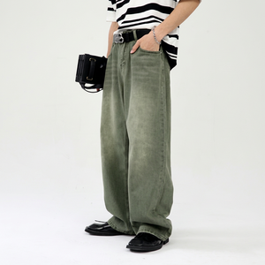 2024 Grey Green Custom Denim Wash Breathable Eco-Friendly Mid Waist Fleece Regular Fit Streetstyle Biker <b>Wide</b> <b>Leg</b> <b>Jeans</b> <b>Men</b> - Product Image 1