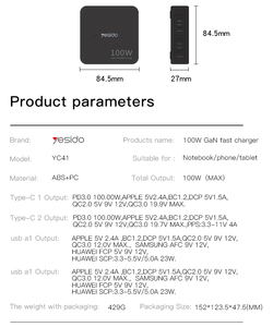 Yesido 100W QC 3.0 PD Flash Charge Series gan sạc hỗ trợ đồng thời sạc của bốn cổng - Product Image 5