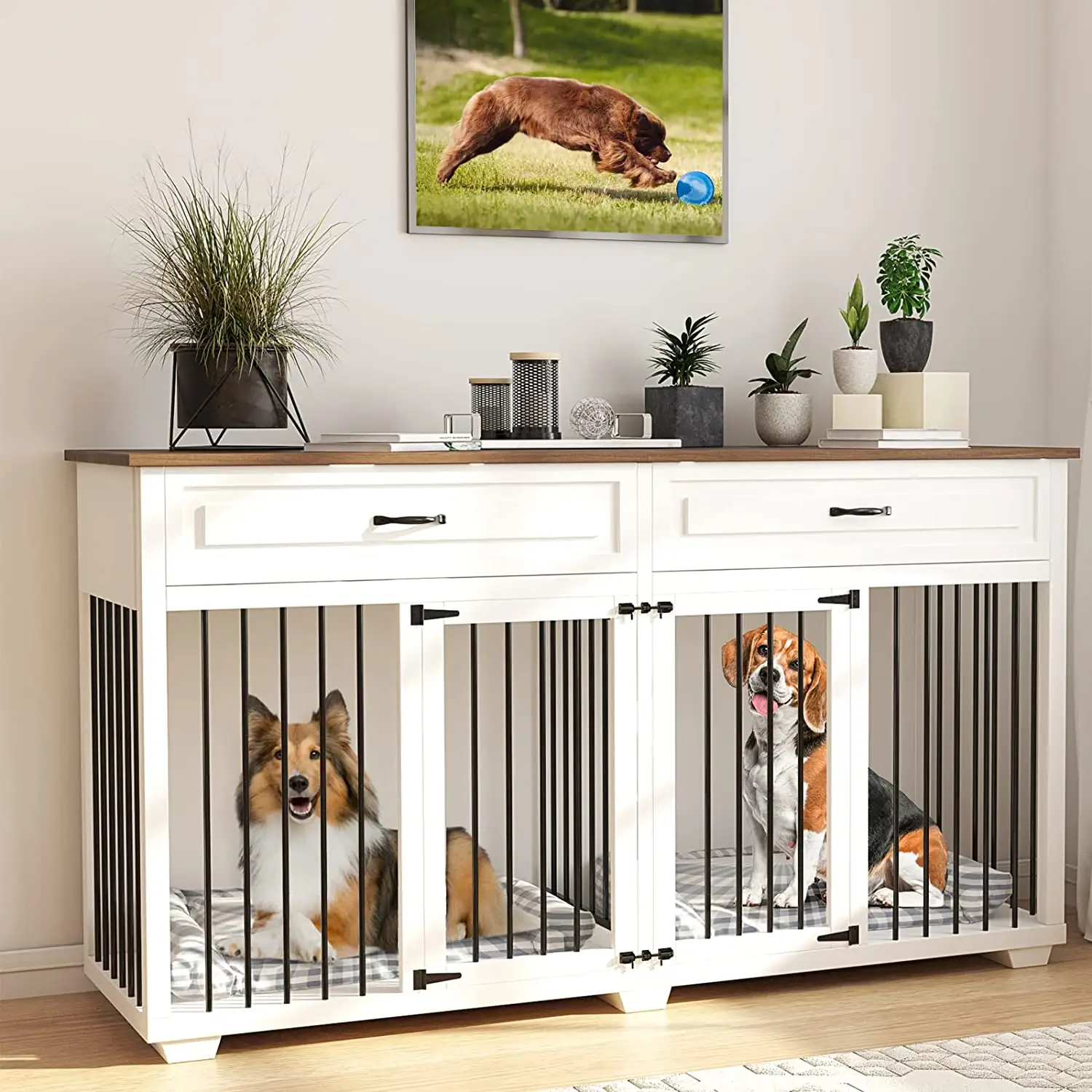 ZMaker Large Dog Crate Furniture Dog Crate Kennel with 2 Drawers and Divider Heavy Duty Dog Crates Cage Furniture