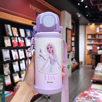 Bouteille d'eau isotherme pour enfants Mickey dessin animé, tasse à double paille Elsa avec sac de protection et cordon, gourde thermique en acier inoxydable