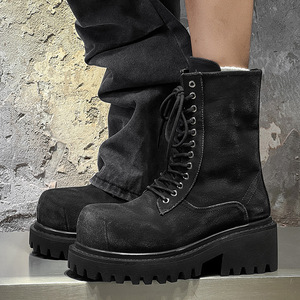Botas de Cuero Negras para Hombre, Estilo Gótico, Diseño de Plataforma, Suela Gruesa, Cierre Lateral con Cremallera, Cordones, Impermeables, Duraderas, Antideslizantes, a la Moda - Product Image 1