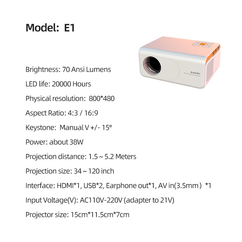 2022 new arrival E1 mirror wireless slim led high resolution multilingual home theater cinema education beamer projector